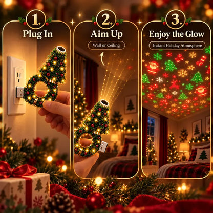 How to use the Christmas Cozy Lamp: plug in, aim at wall or ceiling, enjoy the glow