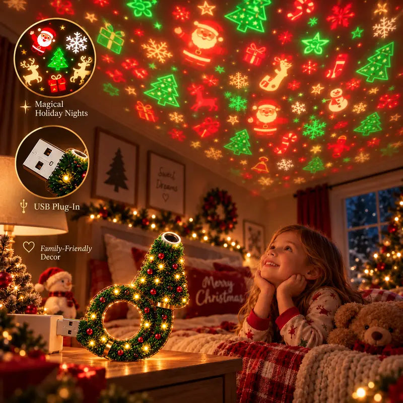 Child in bed watching Christmas patterns projected on the bedroom ceiling