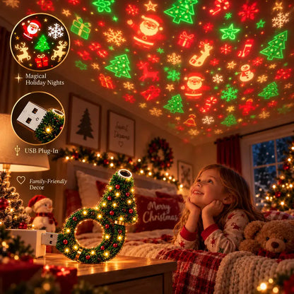 Child in bed watching Christmas patterns projected on the bedroom ceiling